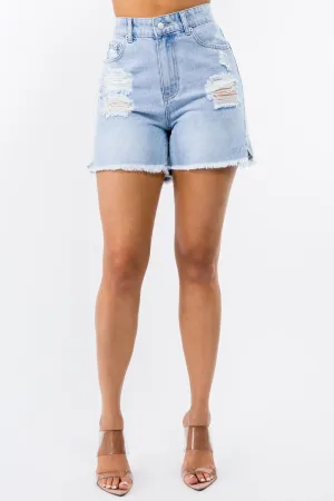 High Waist Distressed Raw Hem Denim Shorts