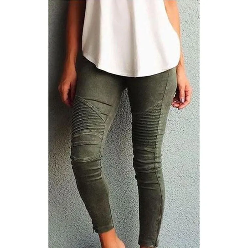 High Waist Pleated Knee Ankle Side Zipper Skinny Leggings