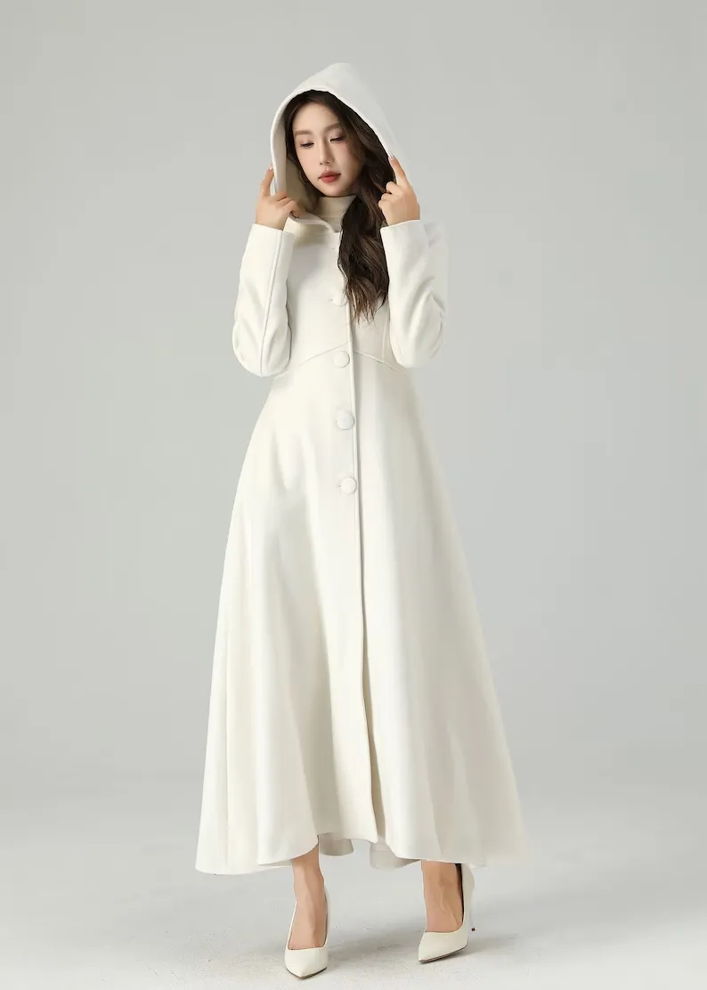 Hooded wool coat, Wedding Wool coat 4519