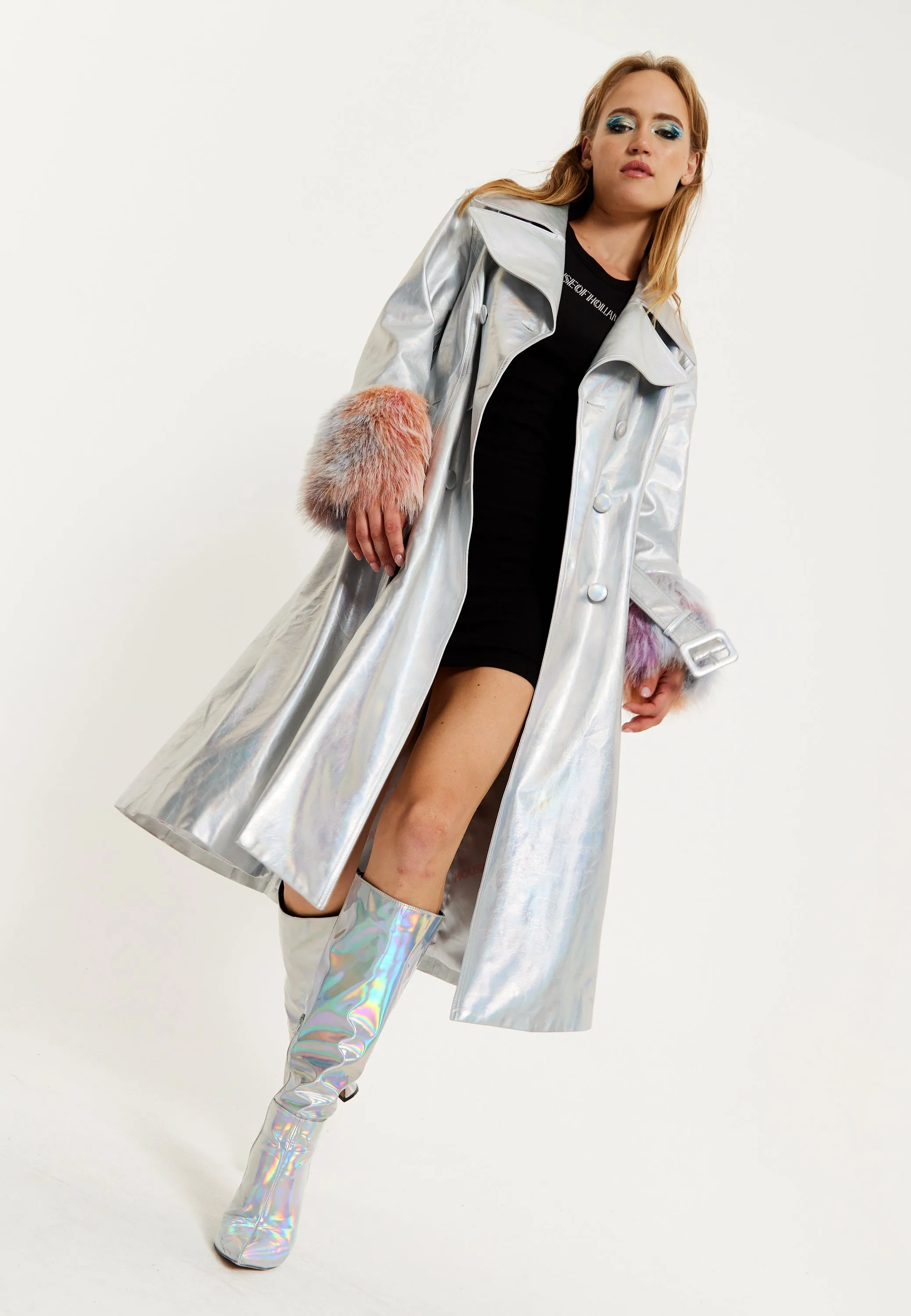 House Of Holland Fur Cuff Iridescent Trench Coat