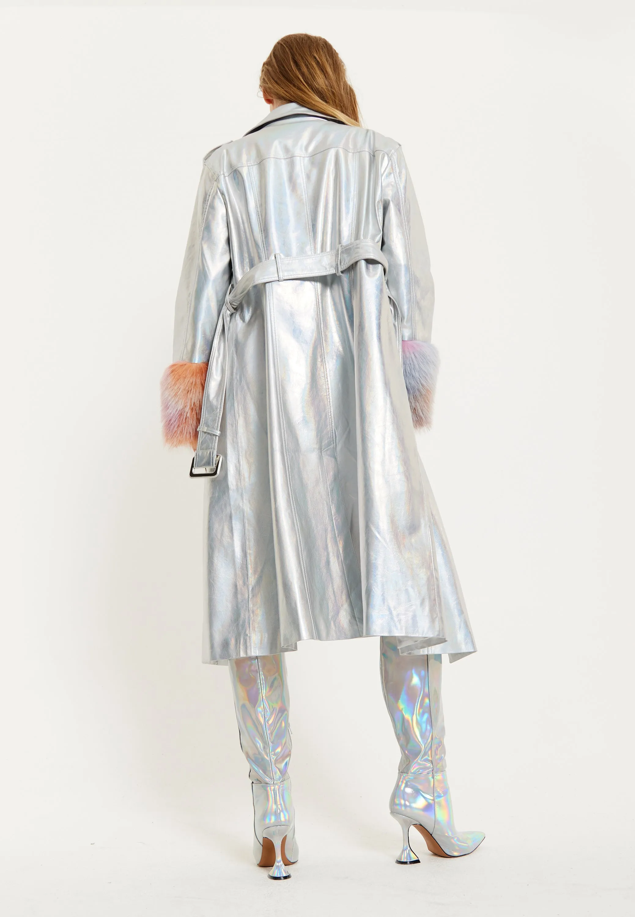 House Of Holland Fur Cuff Iridescent Trench Coat