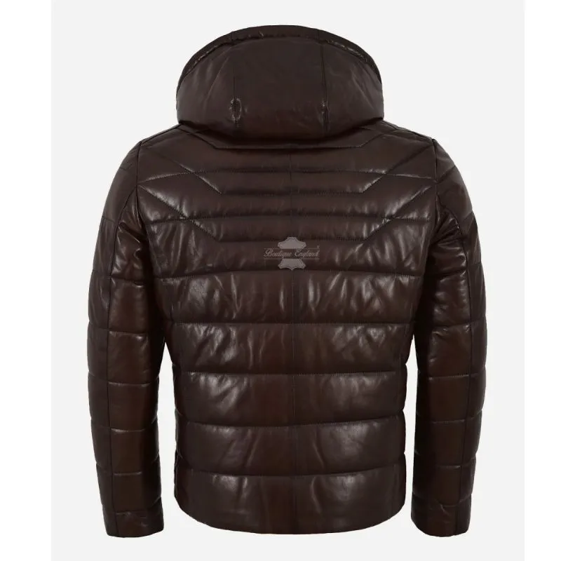 ICEBURG Puffer Hooded Leather Jacket For Men