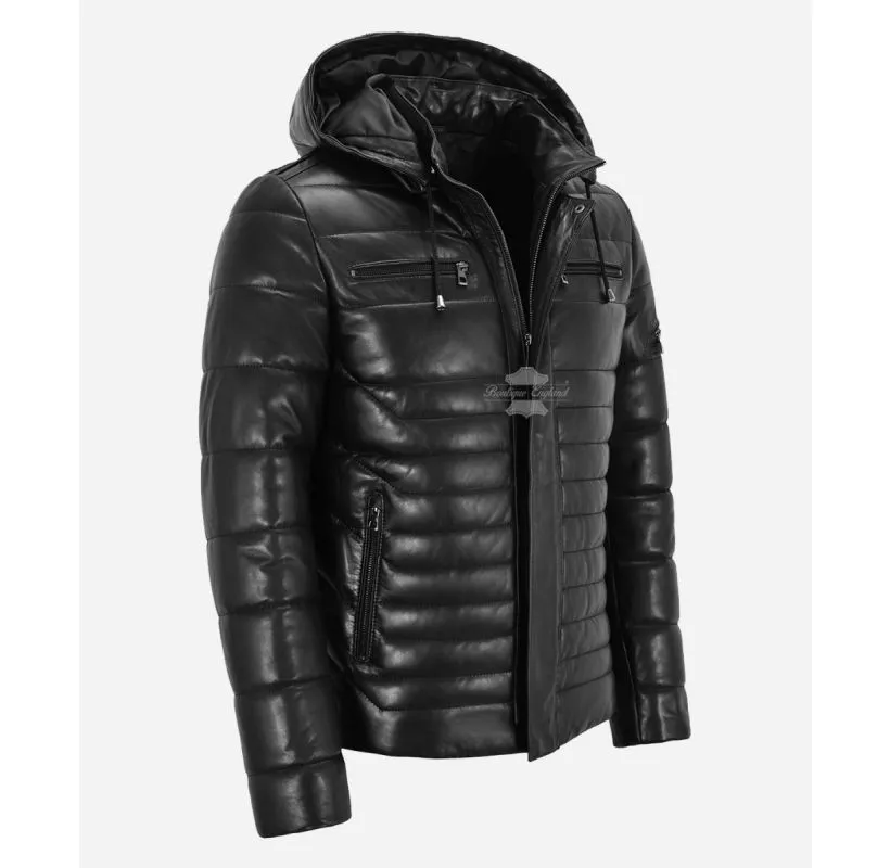 ICEBURG Puffer Hooded Leather Jacket For Men