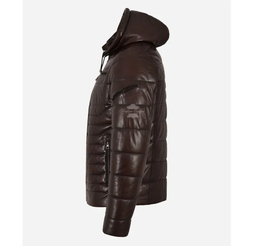 ICEBURG Puffer Hooded Leather Jacket For Men