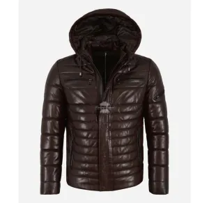 ICEBURG Puffer Hooded Leather Jacket For Men