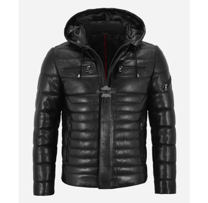 ICEBURG Puffer Hooded Leather Jacket For Men