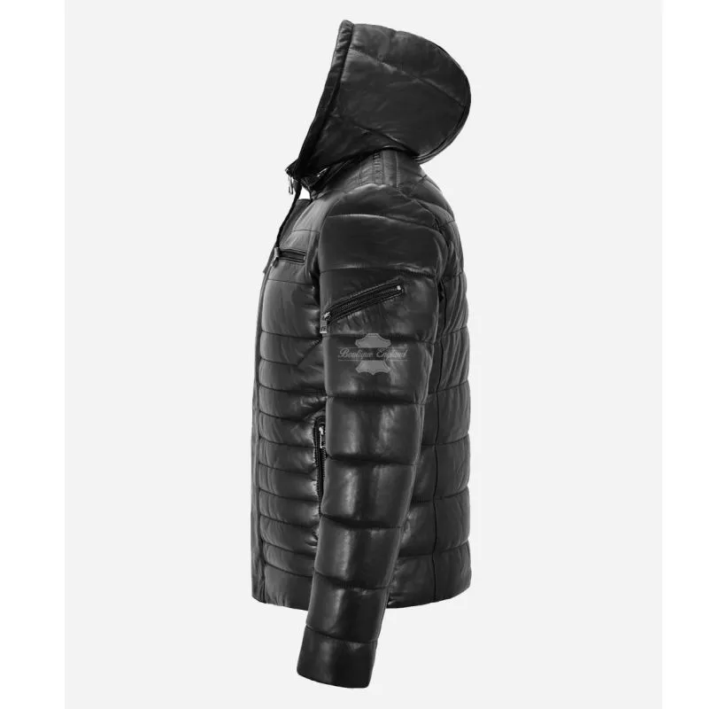 ICEBURG Puffer Hooded Leather Jacket For Men