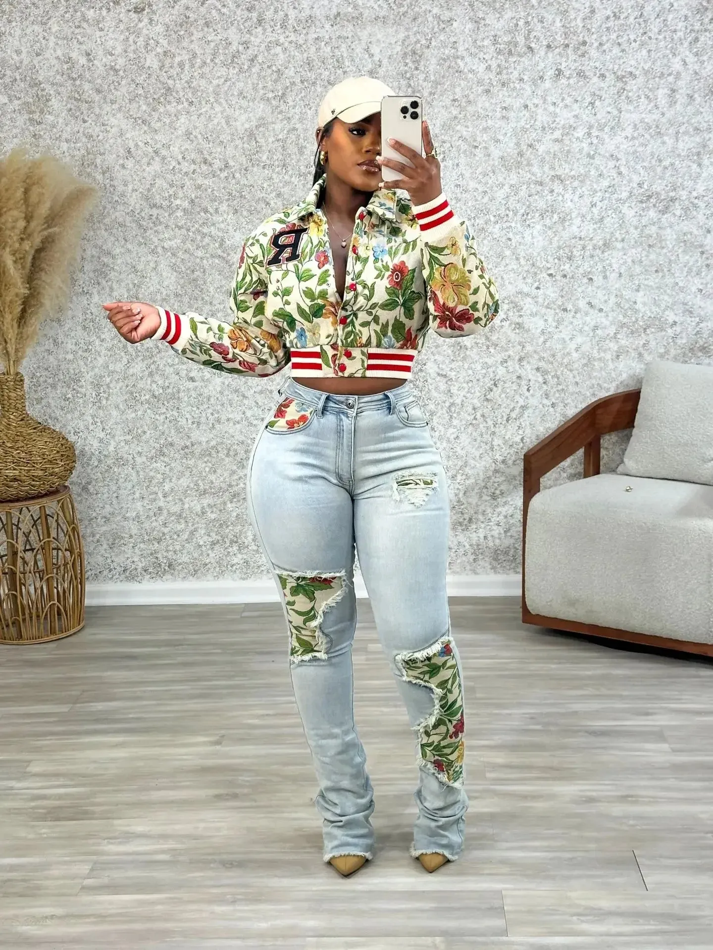 Jay Floral cropped bomber jacket