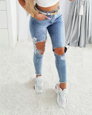 Lace Cutout Ripped Skinny Jeans