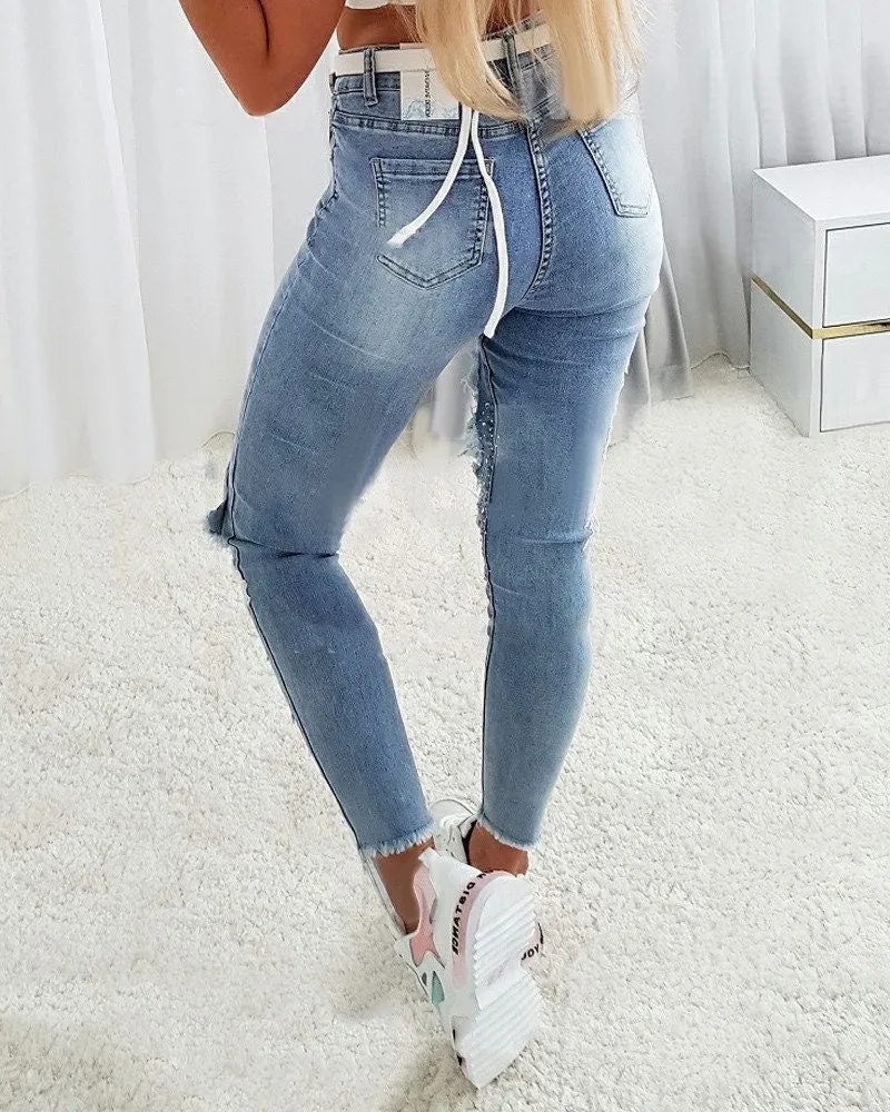 Lace Cutout Ripped Skinny Jeans