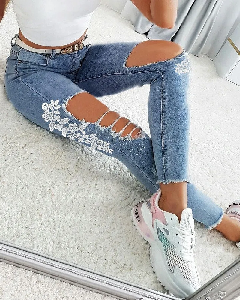 Lace Cutout Ripped Skinny Jeans