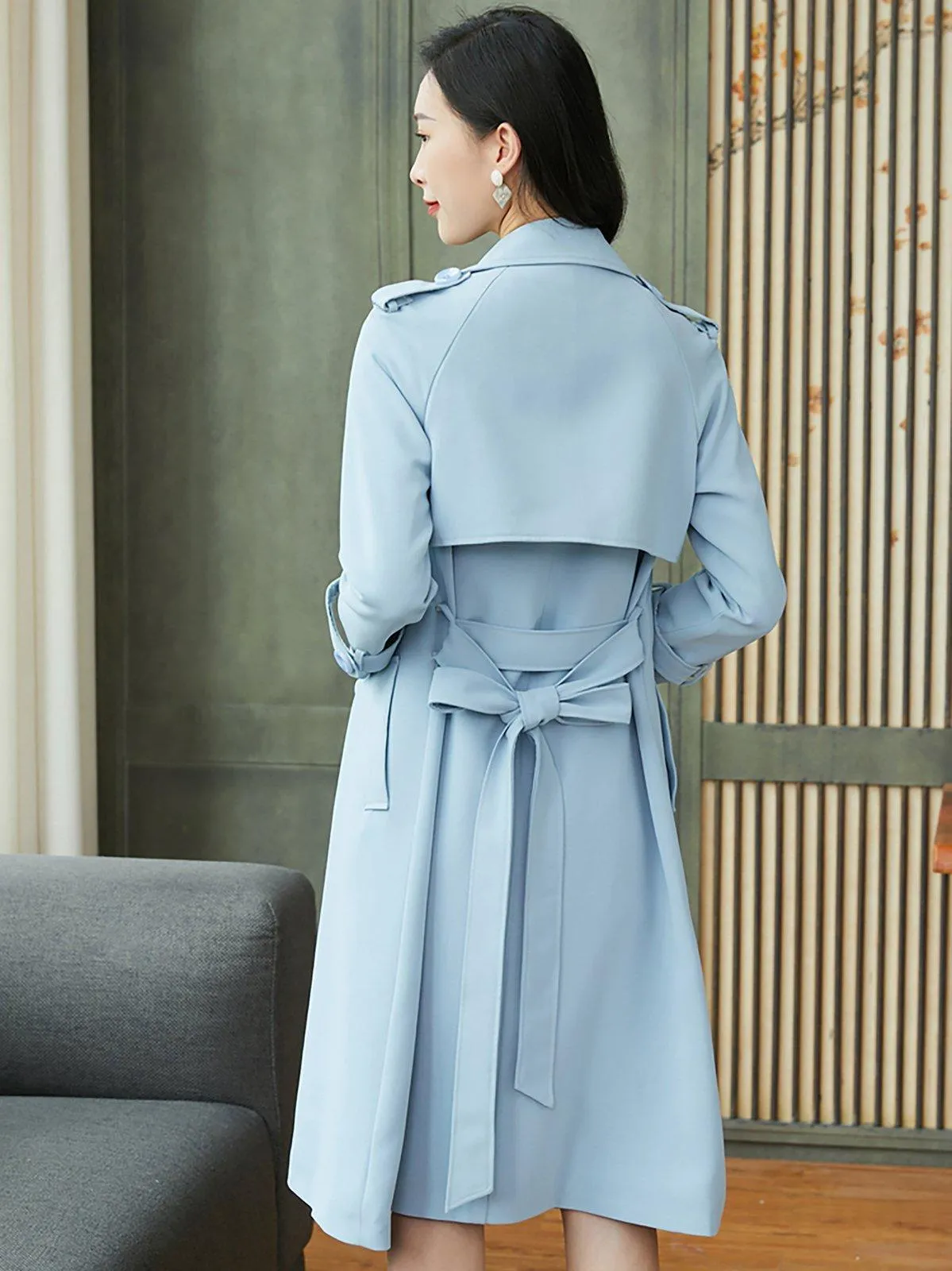 Light Blue Epaulet Double Breasted Trench Coat