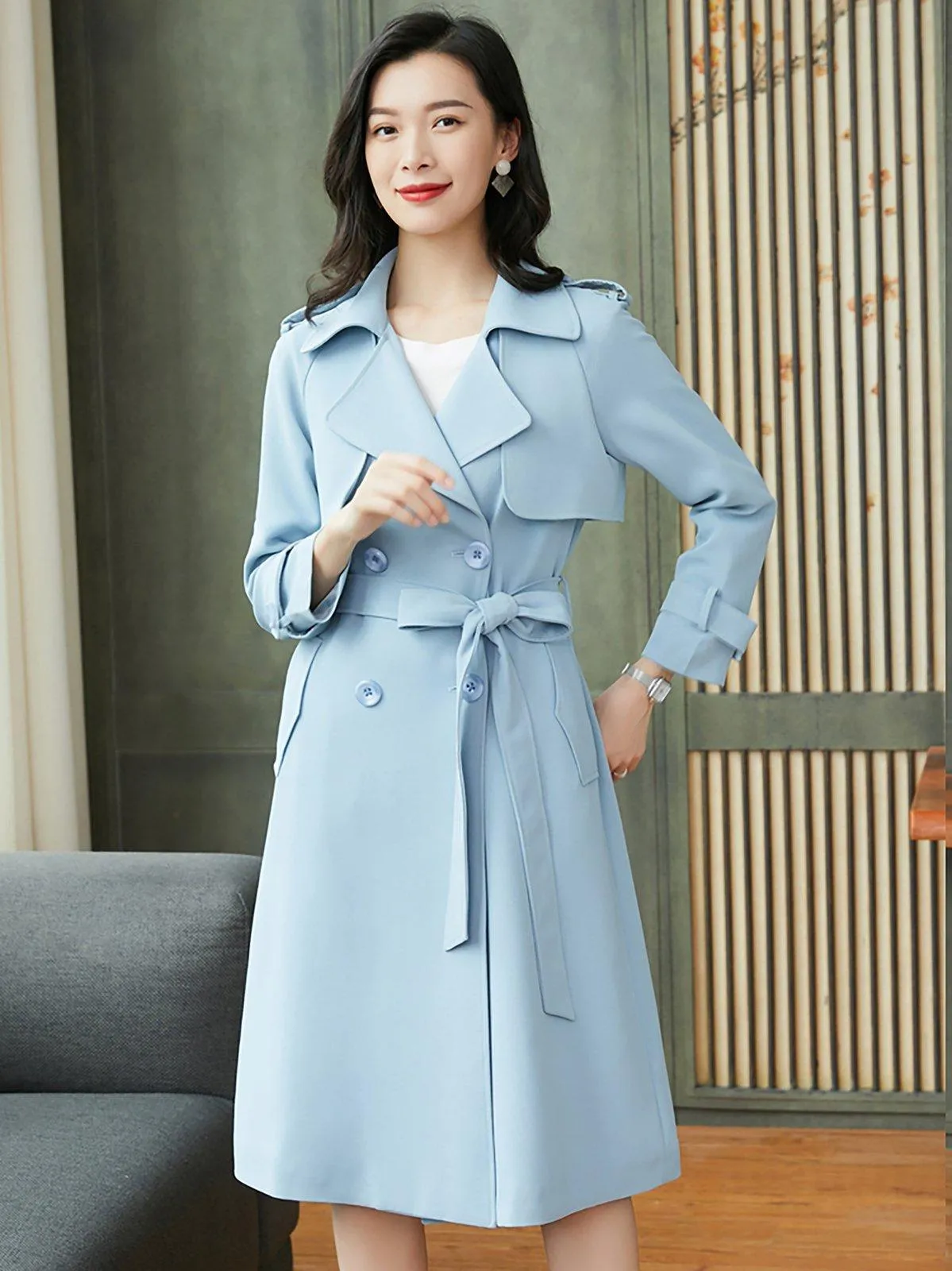 Light Blue Epaulet Double Breasted Trench Coat