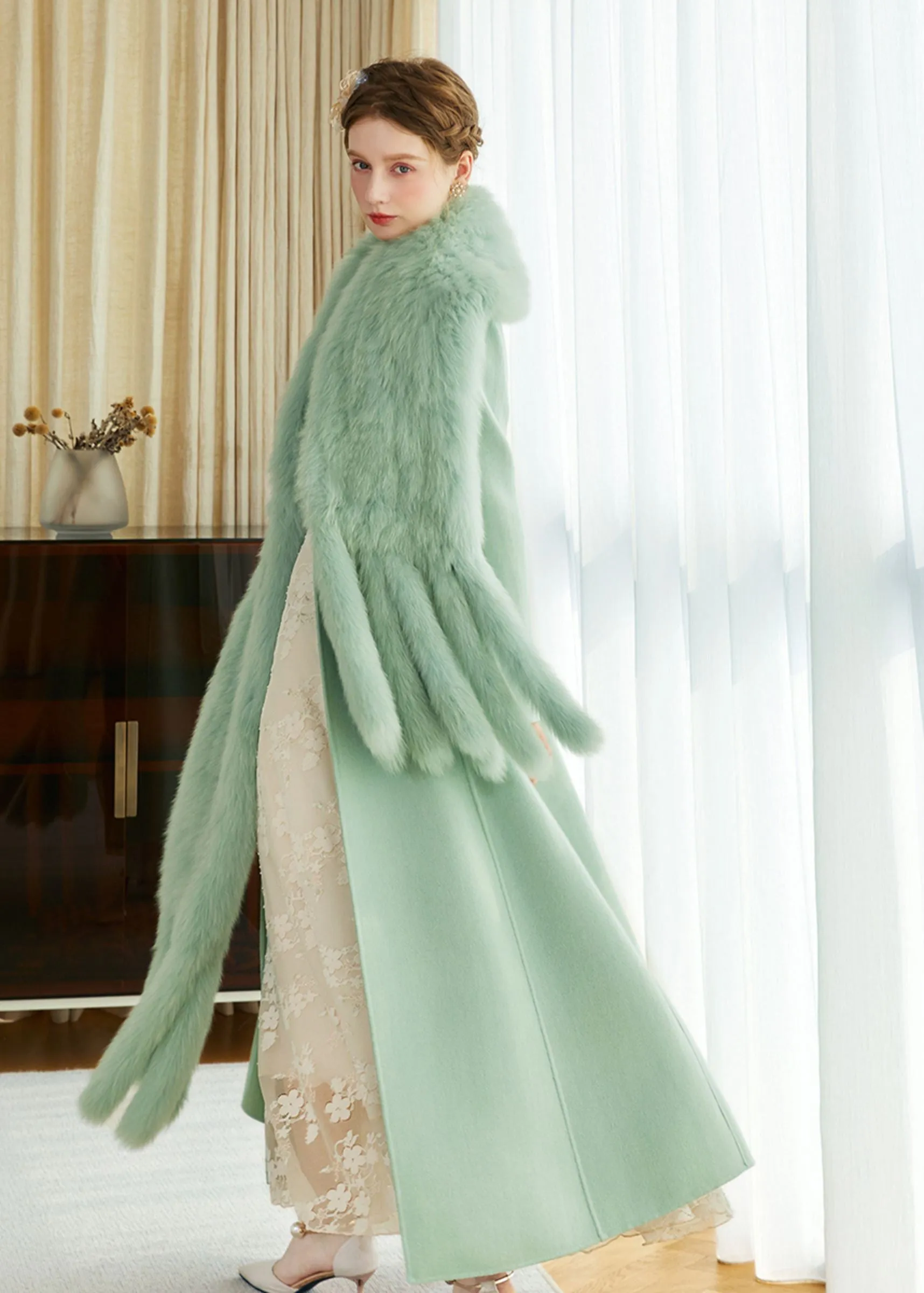 Light Green Fox Fur Scarf Wool Cashmere Belted Long Coat