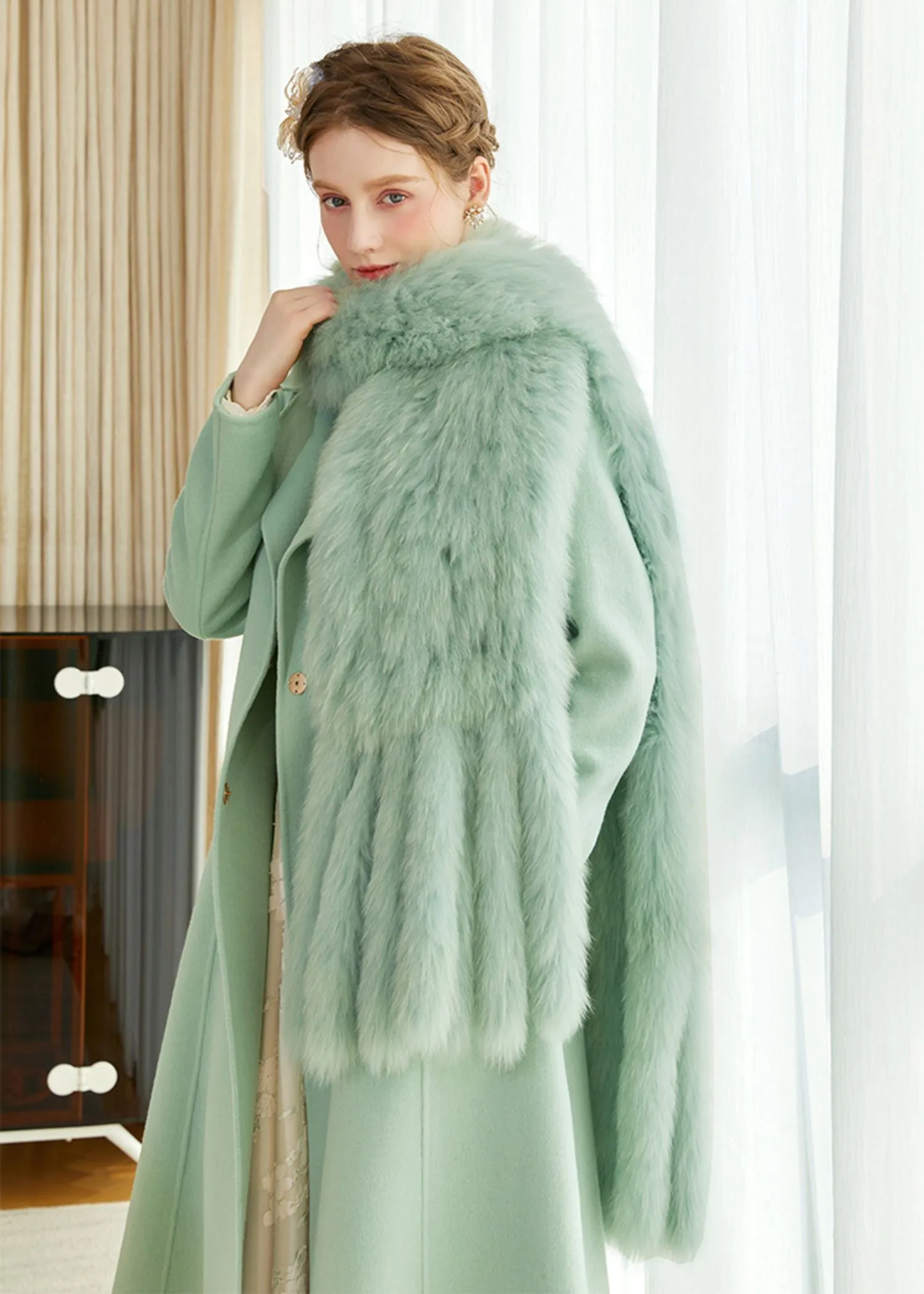 Light Green Fox Fur Scarf Wool Cashmere Belted Long Coat