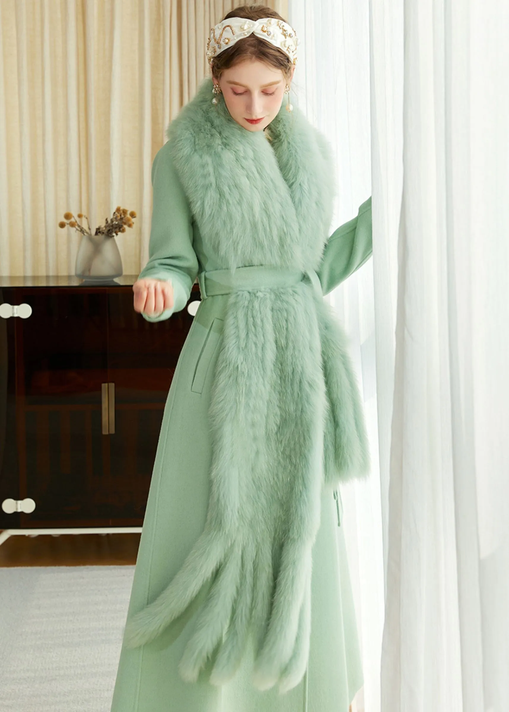 Light Green Fox Fur Scarf Wool Cashmere Belted Long Coat