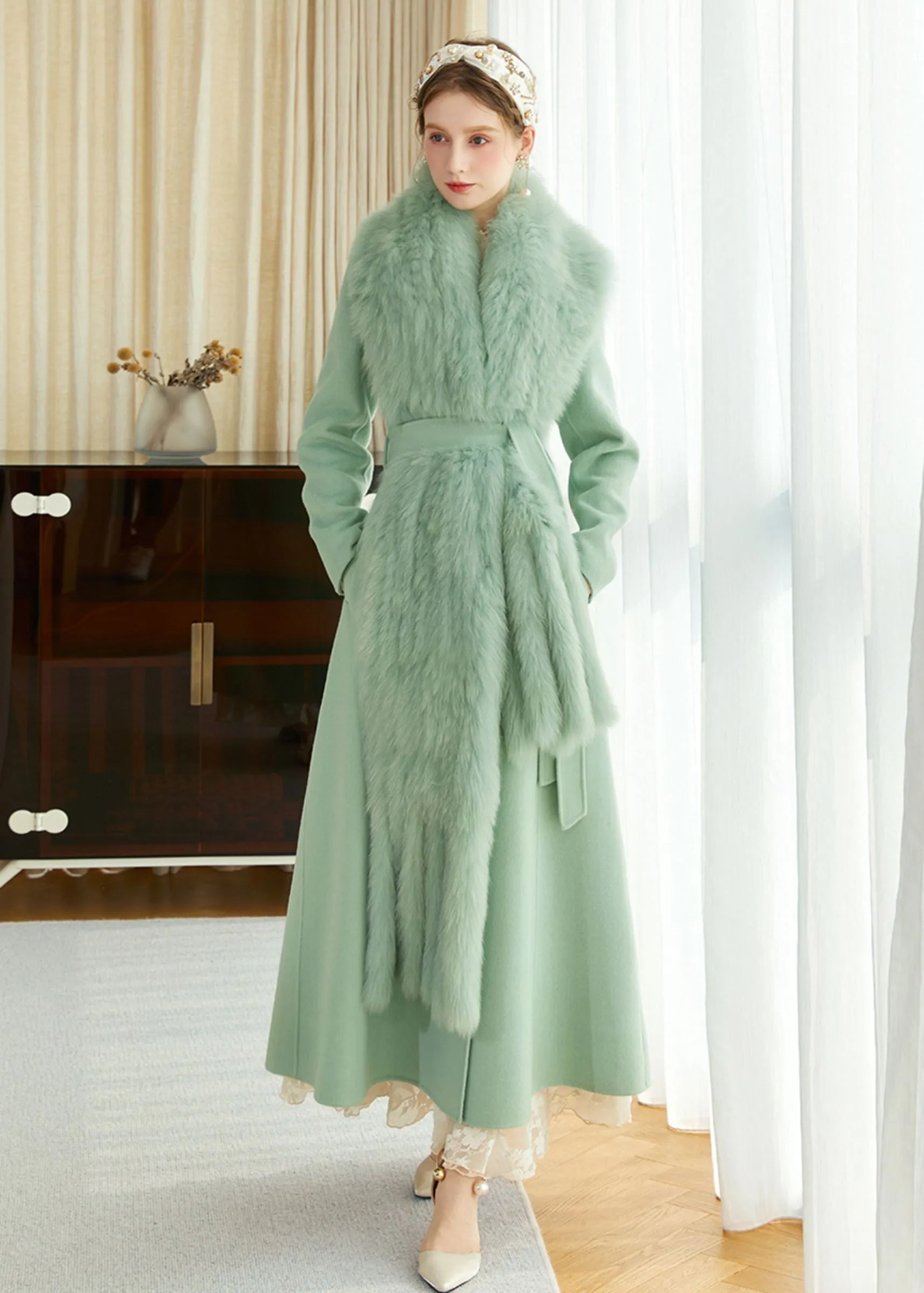 Light Green Fox Fur Scarf Wool Cashmere Belted Long Coat