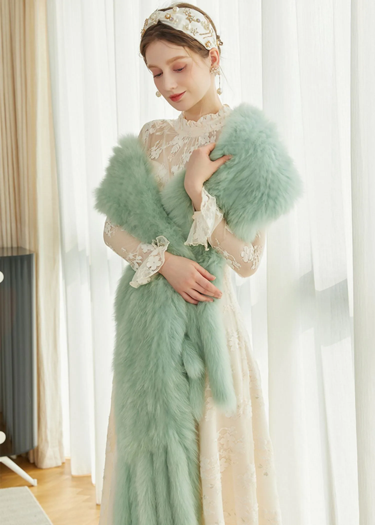 Light Green Fox Fur Scarf Wool Cashmere Belted Long Coat