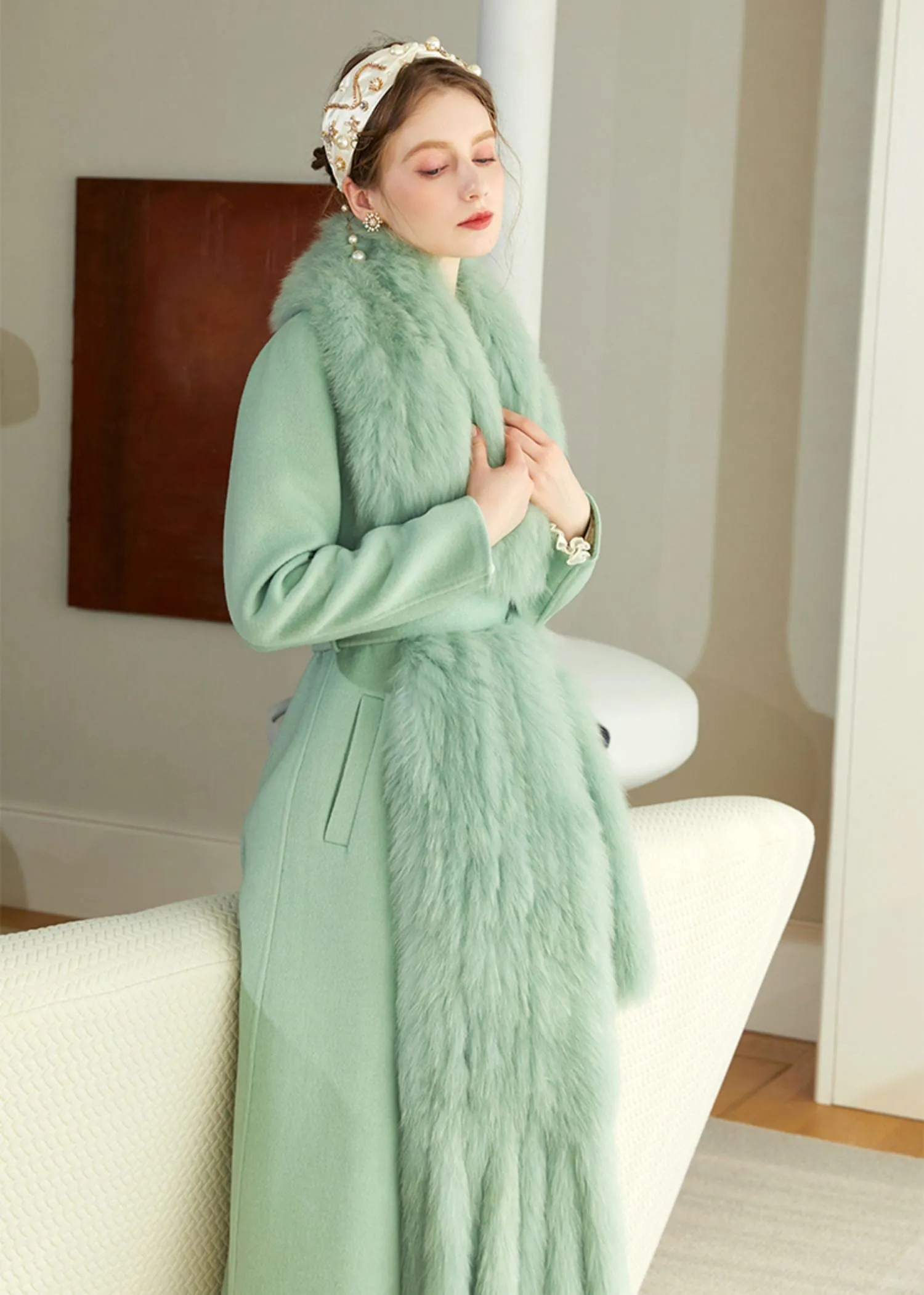 Light Green Fox Fur Scarf Wool Cashmere Belted Long Coat