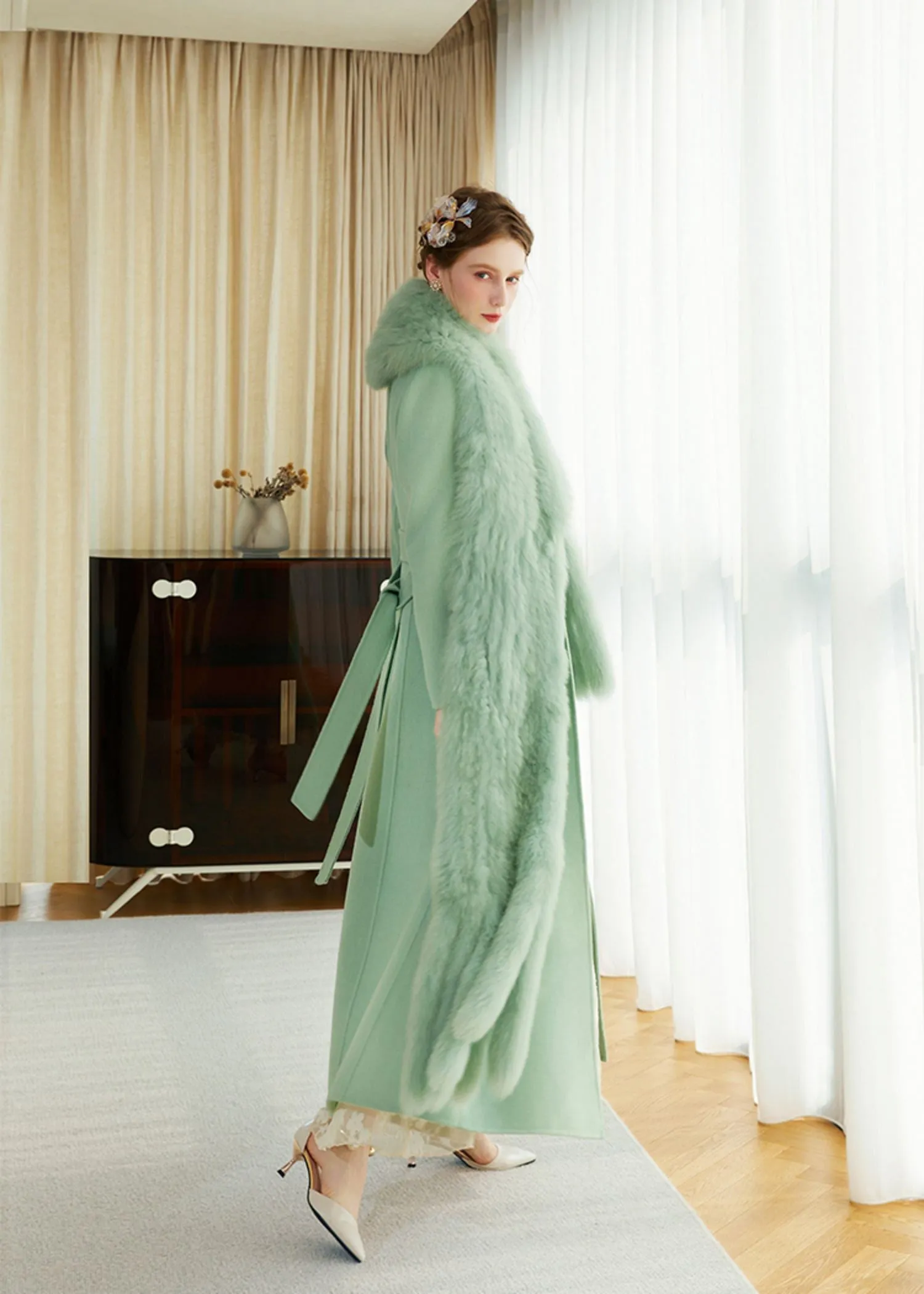 Light Green Fox Fur Scarf Wool Cashmere Belted Long Coat