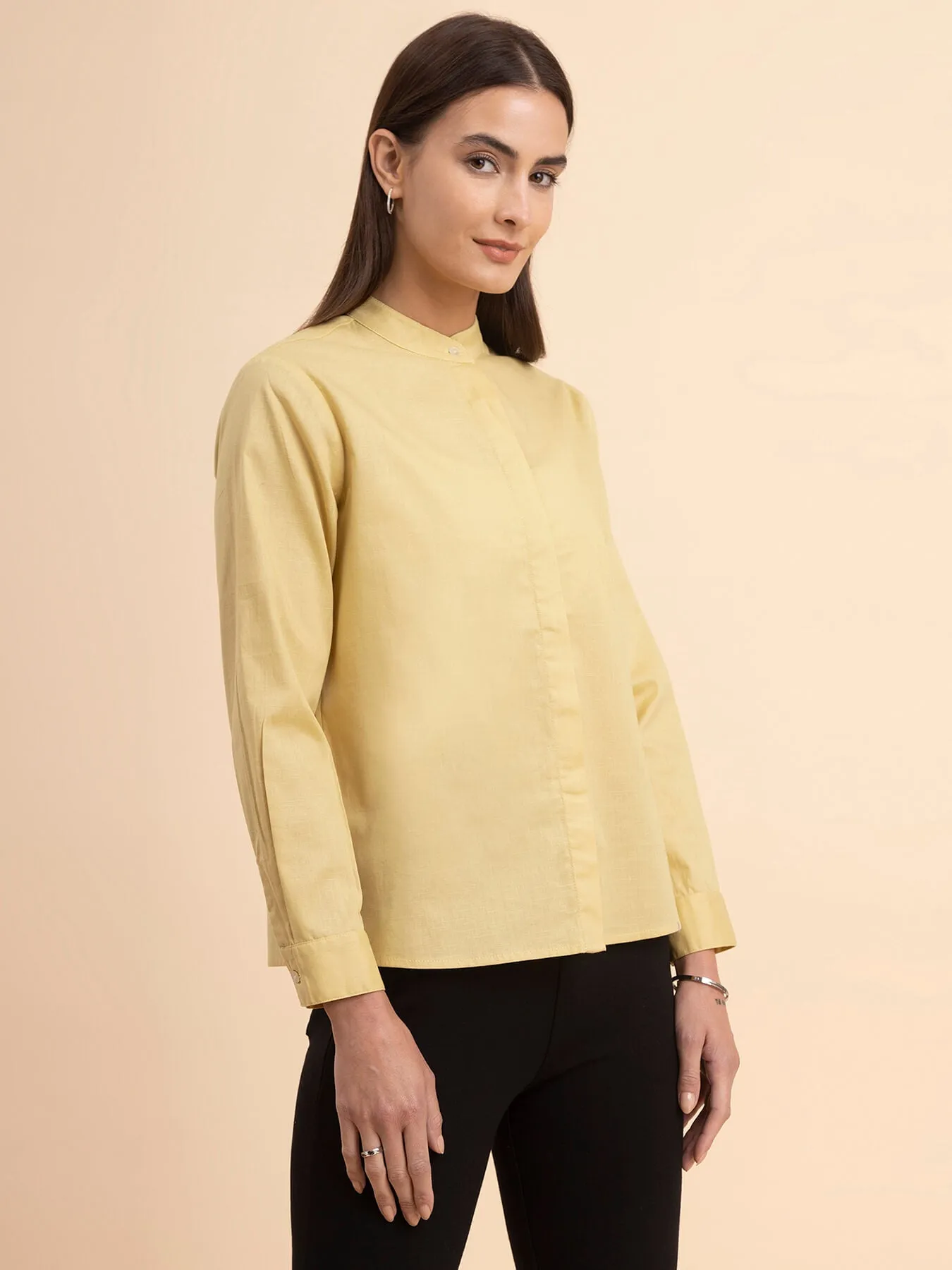 Linen Concealed Placket Shirt - Yellow