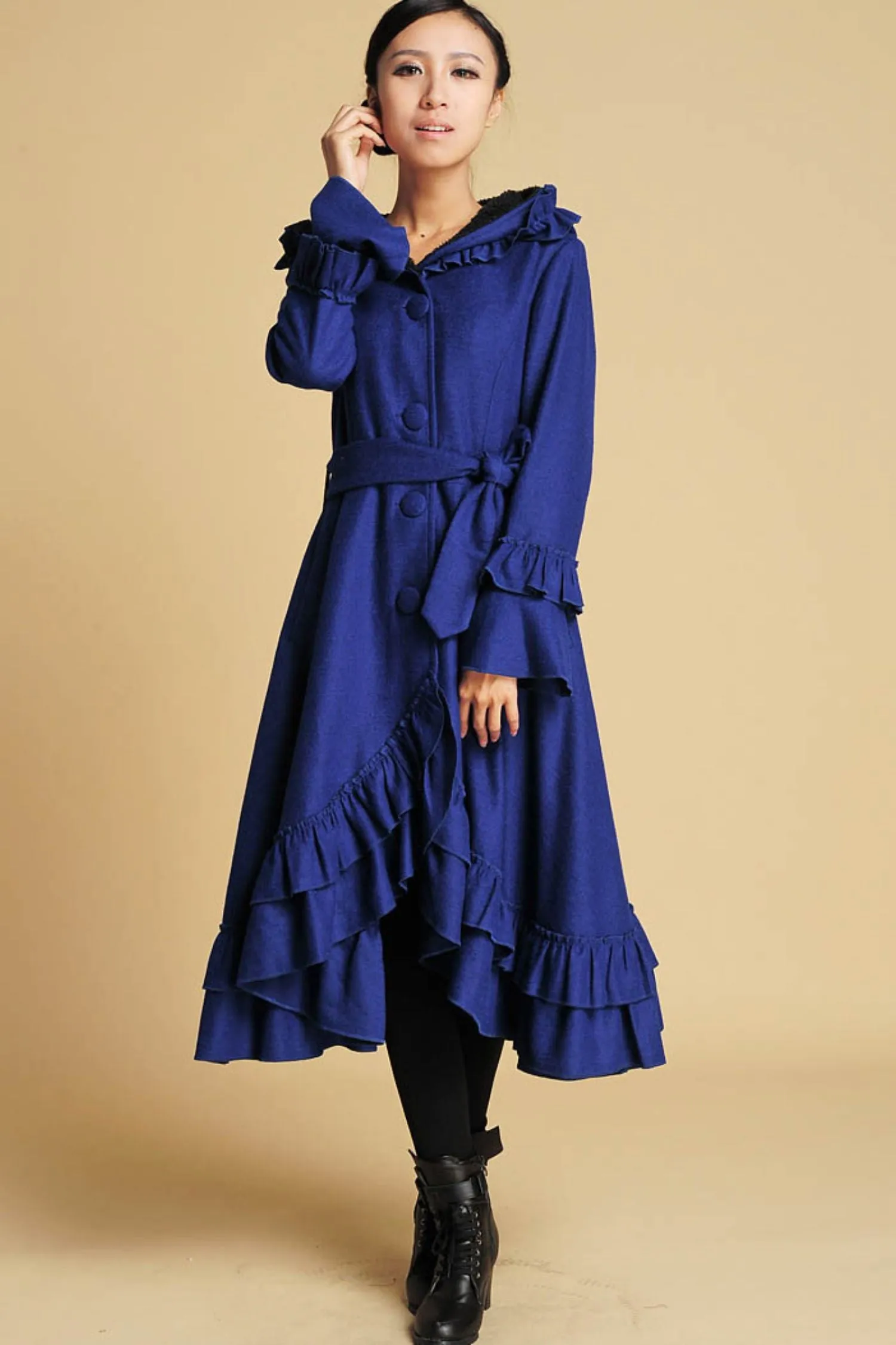 long blue ruffled wool coat for women 380