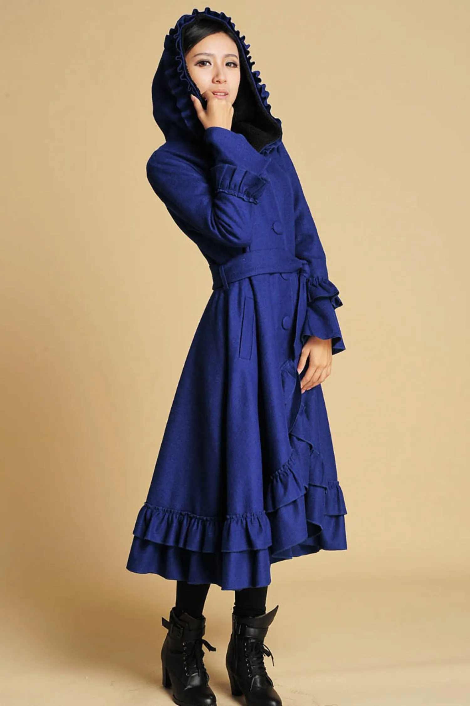 long blue ruffled wool coat for women 380