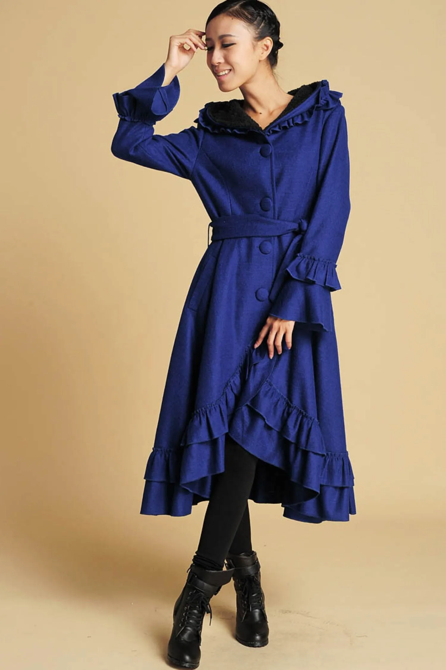 long blue ruffled wool coat for women 380