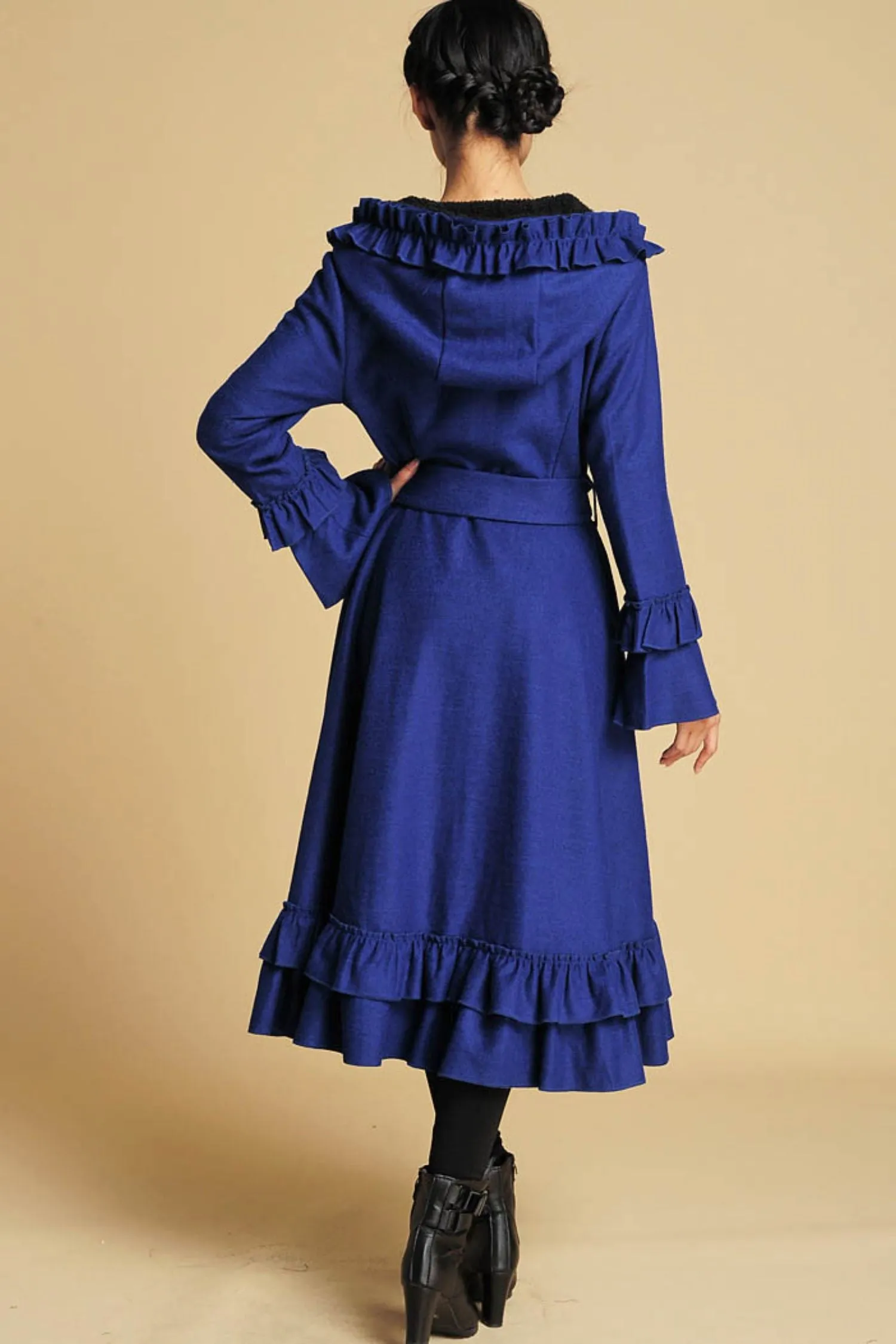 long blue ruffled wool coat for women 380