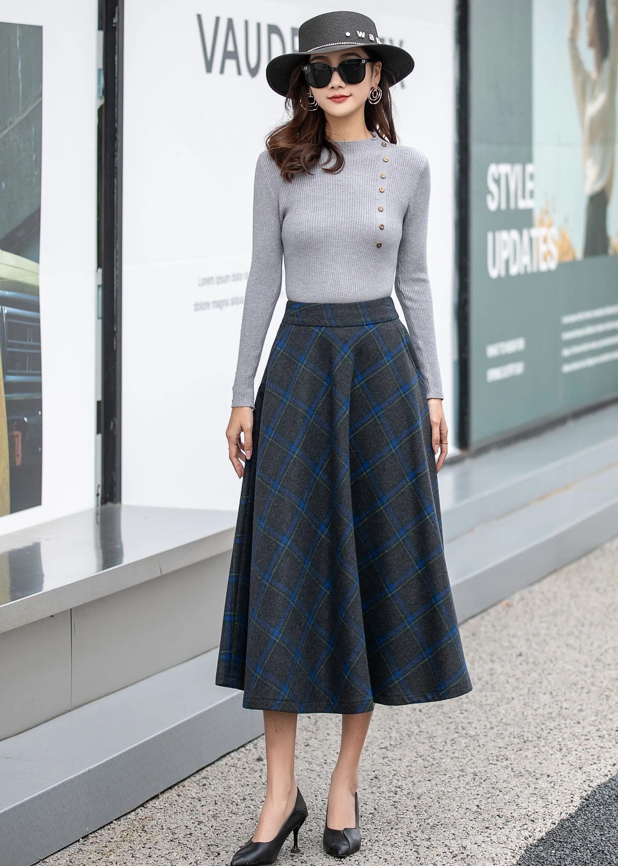 Long Plaid A-Line Wool Skirt 4164 size S # CK2300082