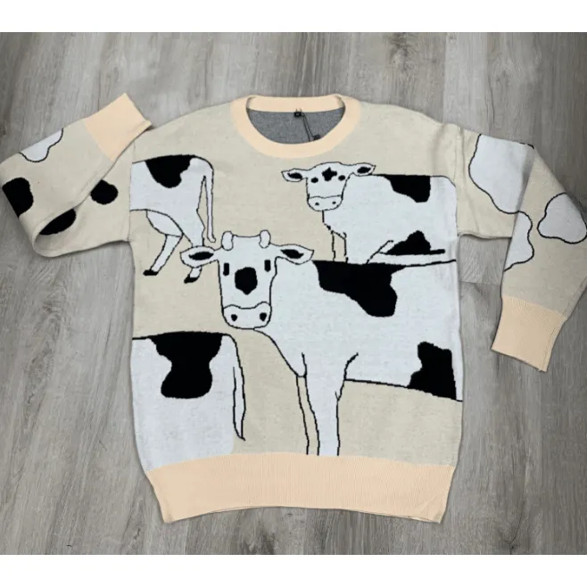 Long Sleeve Cow Print Oversized Sweater