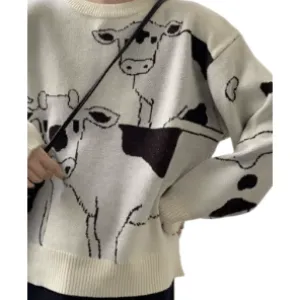 Long Sleeve Cow Print Oversized Sweater