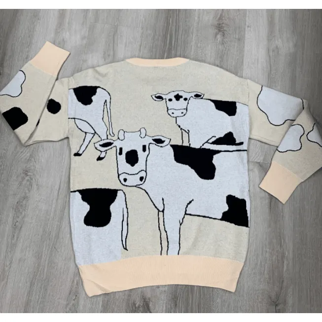 Long Sleeve Cow Print Oversized Sweater