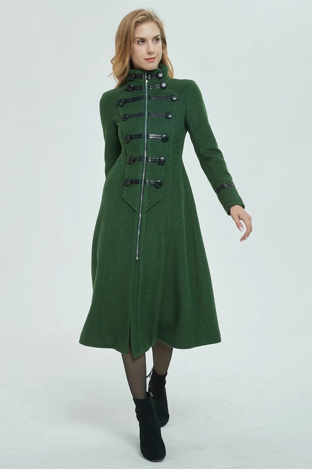 Long wool coat, winter coat, womens coat, green coat 1949#