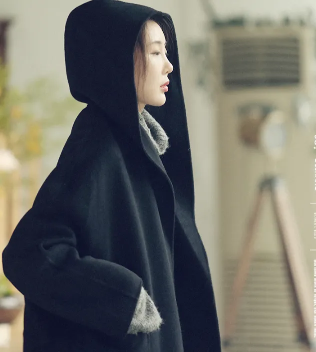 Loose Hooded Winter Wool Coat, Handmade Warm Women Wool Coat Jacket/1002