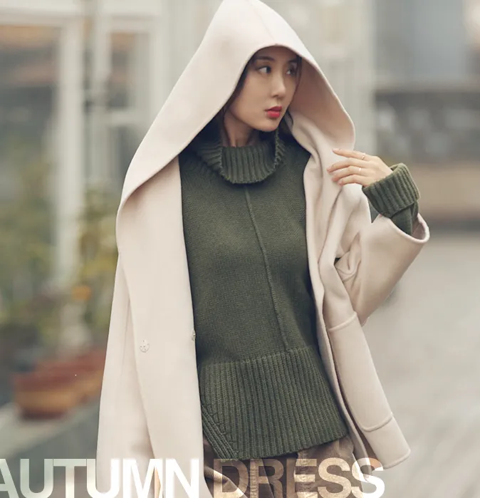 Loose Hooded Winter Wool Coat, Handmade Warm Women Wool Coat Jacket/1002