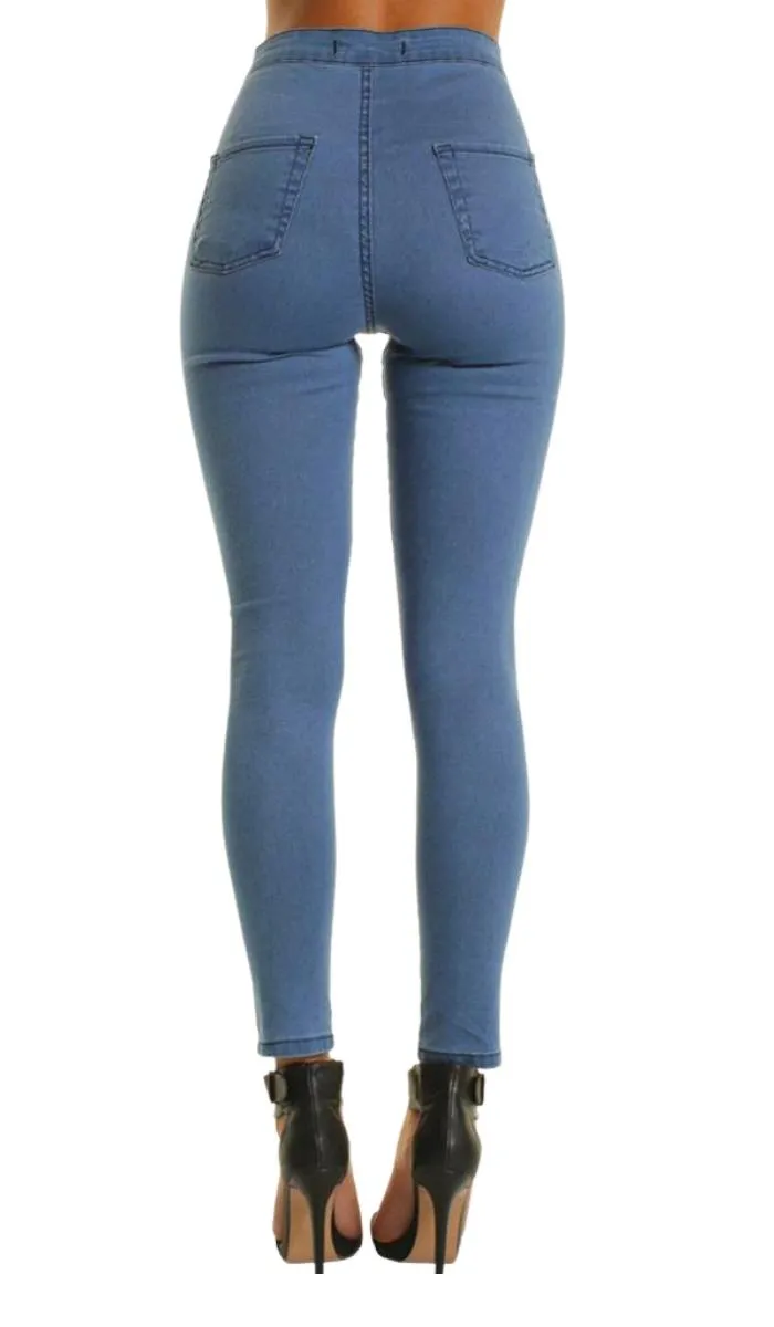 Luexco Women's Slit Knee Skinny Jeans Solid Denim Pants