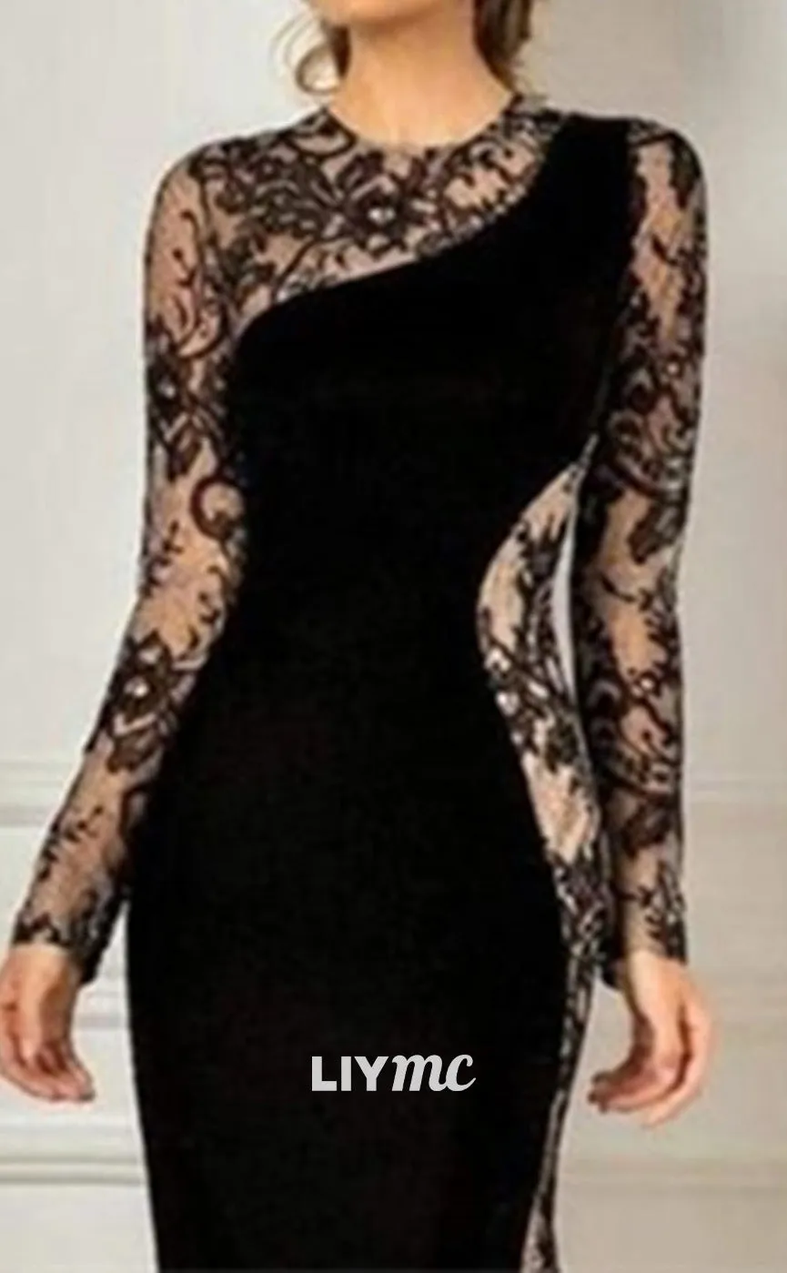 M1040 - Trumpet Mother of the Bride Dress Wedding Guest Elegant Black Dress Party Jewel Neck Floor Length Lace Appliques