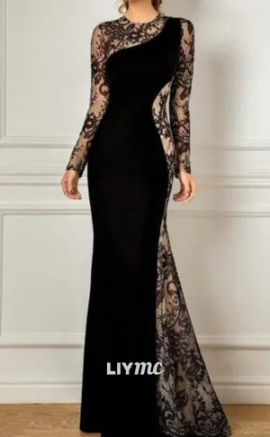 M1040 - Trumpet Mother of the Bride Dress Wedding Guest Elegant Black Dress Party Jewel Neck Floor Length Lace Appliques