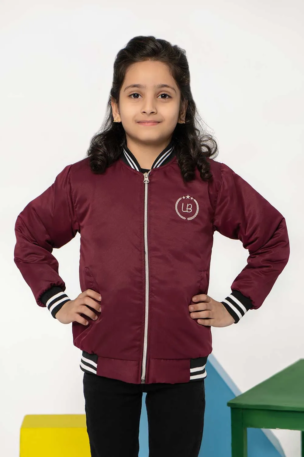 Maroon Tipped Bomber Jacket - Girls