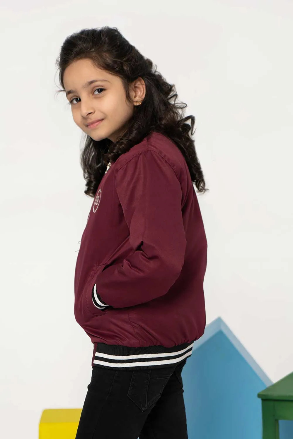 Maroon Tipped Bomber Jacket - Girls