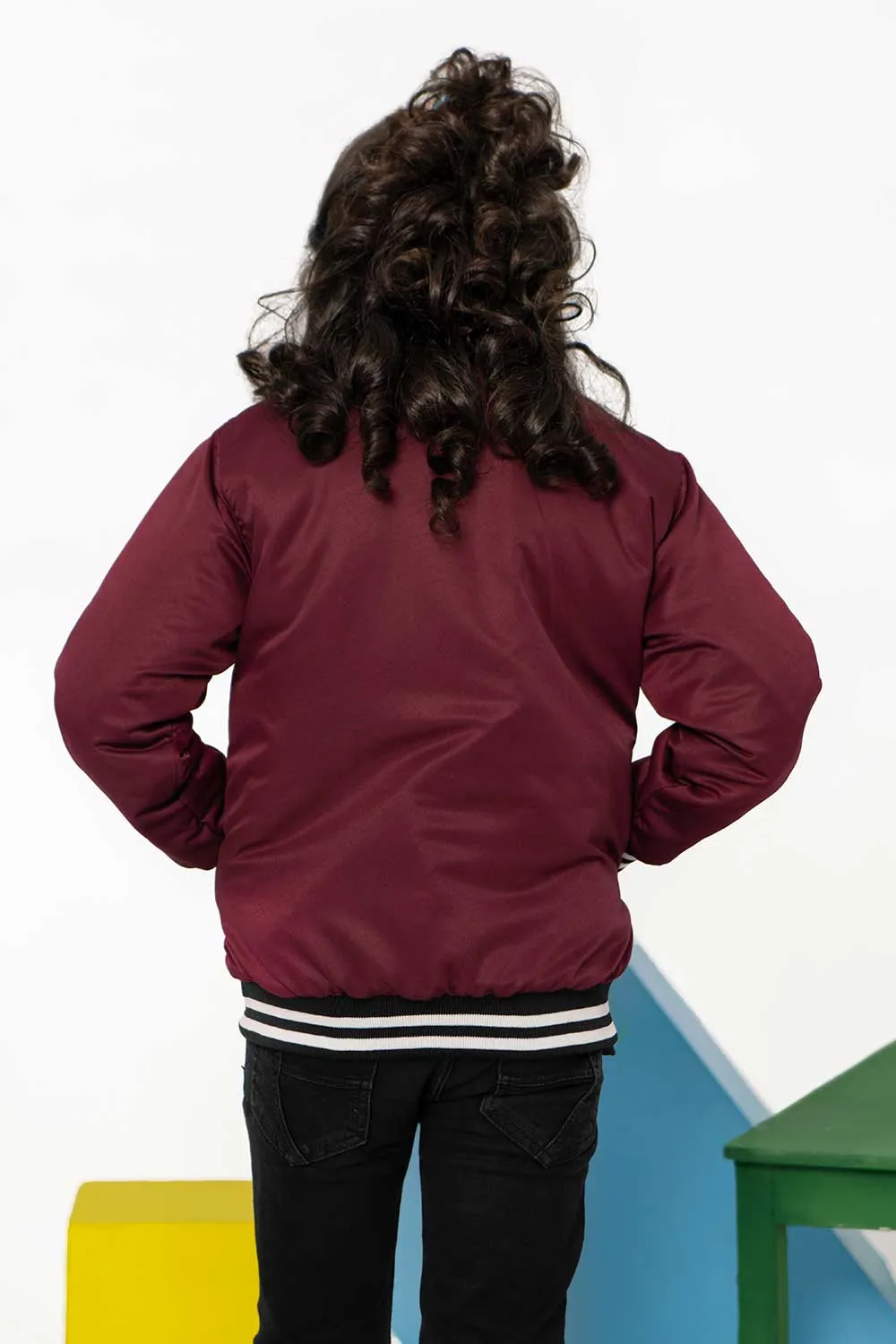 Maroon Tipped Bomber Jacket - Girls