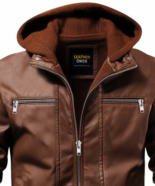 Men Ethan Brown Hooded Designer Leather Jacket