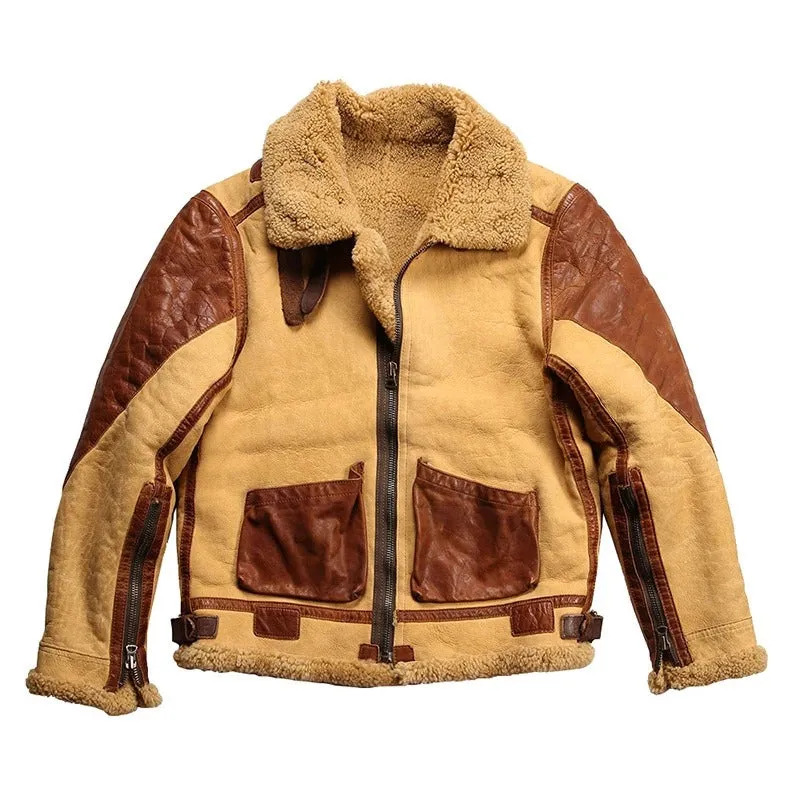 Men's B3 Shearling Fur Casual Leather Bomber Retro Jacket Coat