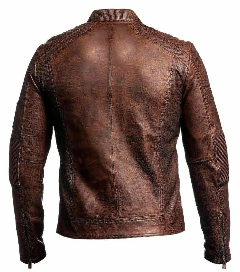 Men's Biker Vintage Motorcycle Distressed Brown Cafe Racer Leather Jacket New