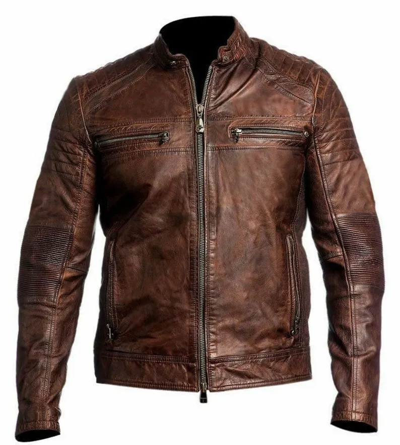 Men's Biker Vintage Motorcycle Distressed Brown Cafe Racer Leather Jacket New