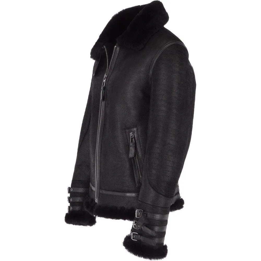 Men's Black Aviator Bomber Shearling Jacket