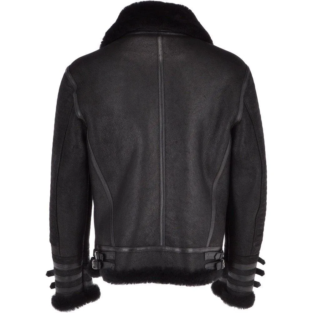 Men's Black Aviator Bomber Shearling Jacket