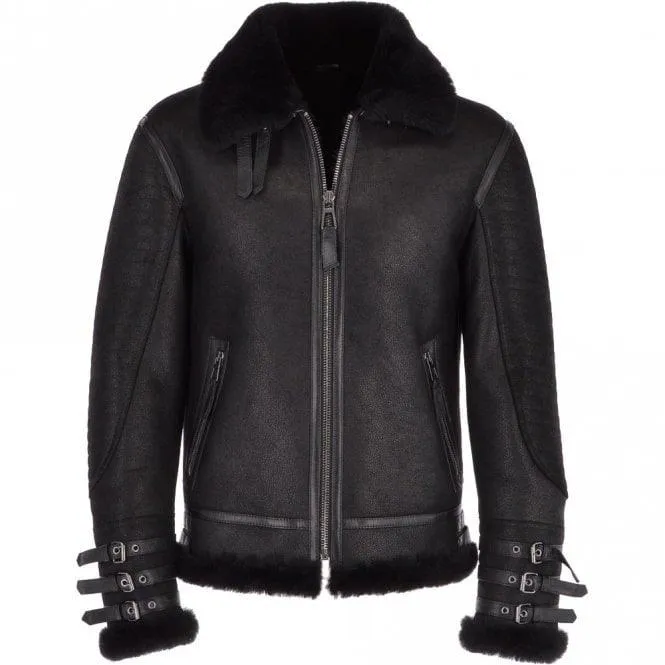 Men's Black Aviator Bomber Shearling Jacket