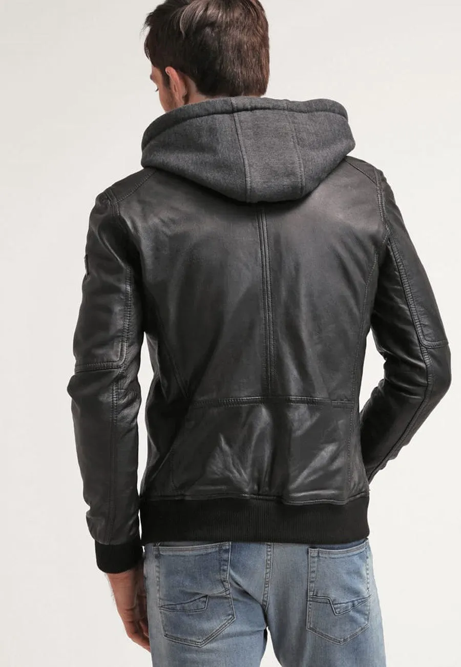 Men's Black Leather Hooded Bomber Jacket